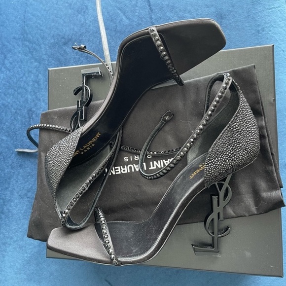 Saint Laurent Opyum YSL Wraparound Sandals with Embellished Black Crystals Sz 41 - Picture 5 of 9